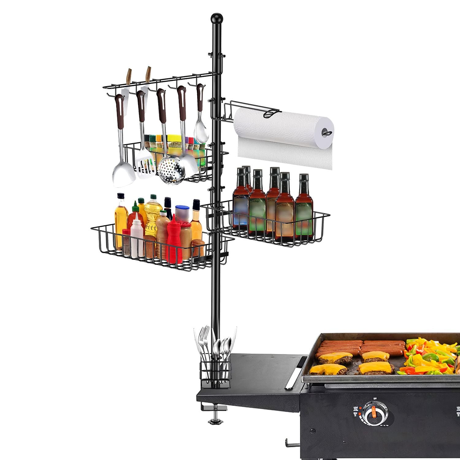 Griddle Caddy With Paper Towel Holder Hook Baskets BBQ Accessories Storage Rack Vertical Standing BBQ Organizer Grill Utensil Storage Fit For Blackstone Griddle