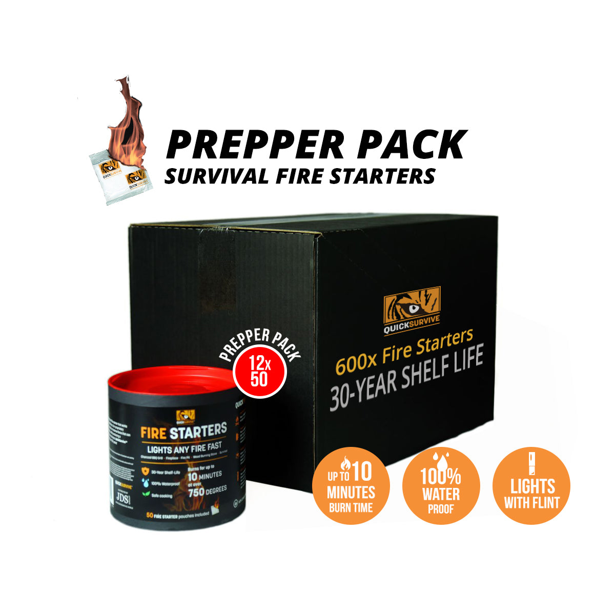 Fire Starter Dooms Day Prepper Pack ( 600 Fire Starters) - QUICKSURVIVE, best survival fire starter cubes and best prepper fire starter tinder for a quick fire, perfect for a safety bunker and bugout bag.