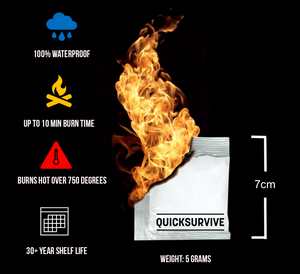 QuickSurvive The Best Fire Starters For Camping and Outdoors - Waterproof fire starters - formerly quick fire starters. Campfire ring with QuickSurvive Fire Starter Packet Specifications , 100% waterproof, up to 10 min burn time, burns hot over 750 degrees, 30+ Year Shelf Life indoors or outdoors